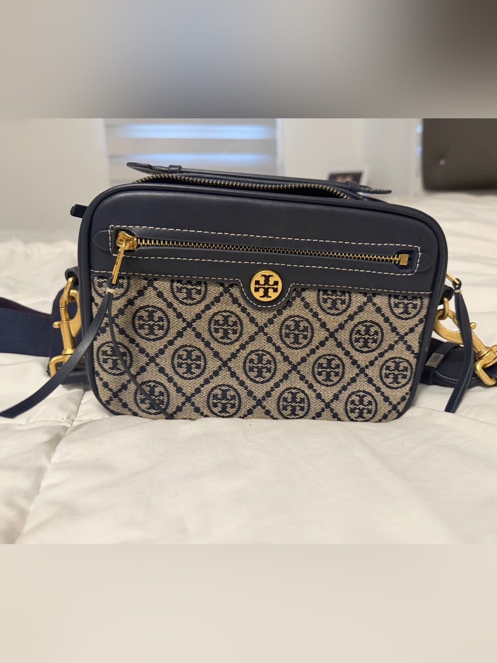 Navy and Beige Logo Crossbody with Gold Hardware